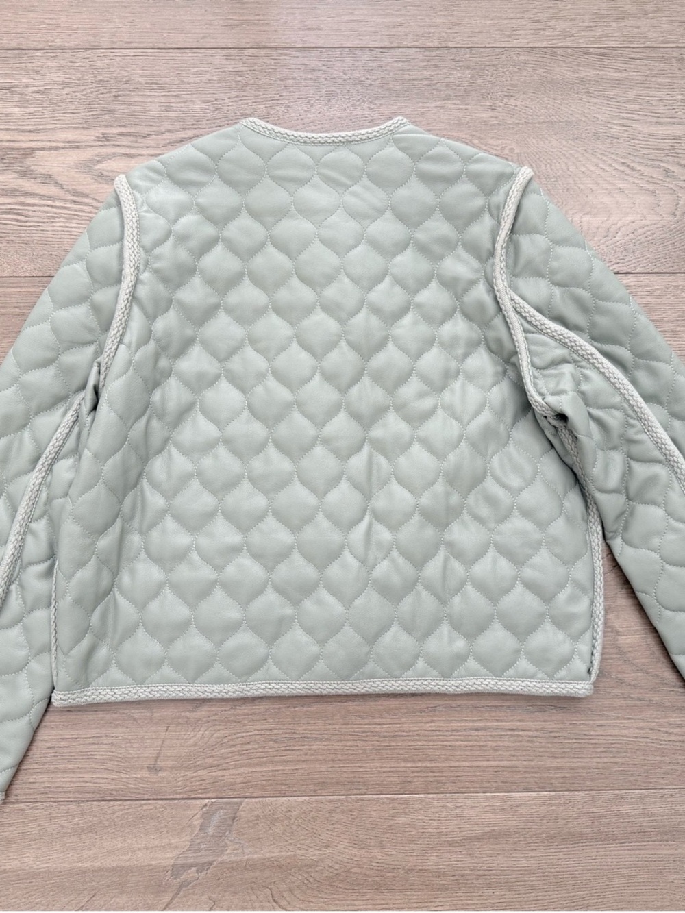 Aaron & Amber Quilted Faux Leather Oversized Collarless Jacket Green Small - Picture 4 of 13